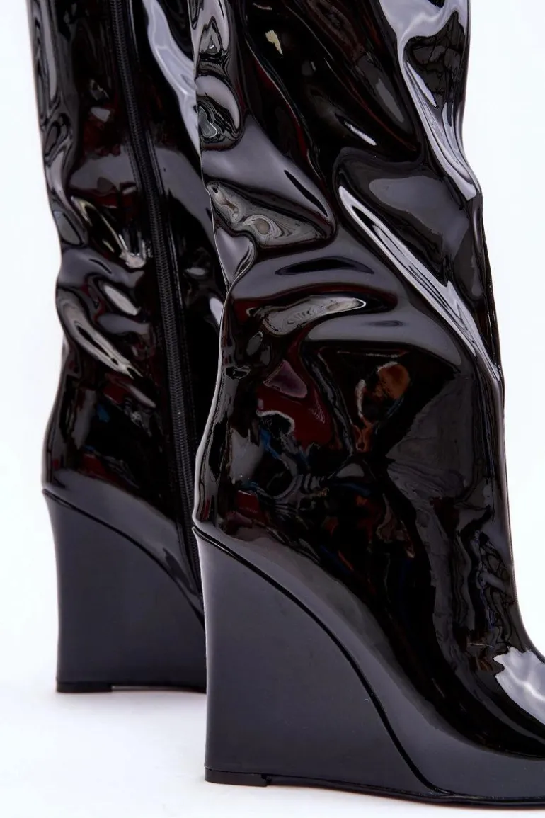 Lakierowane Kozaki Na Koturnie Czarne Delinn