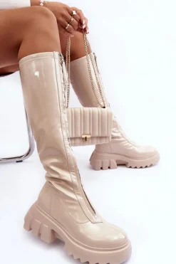 Lakierowane Kozaki Na Masywnej Platformie Z Suwakiem Beżowe Ringo