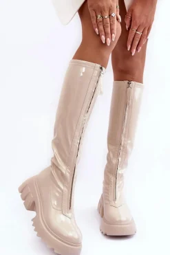 Lakierowane Kozaki Na Masywnej Platformie Z Suwakiem Beżowe Ringo