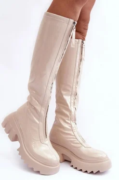 Lakierowane Kozaki Na Masywnej Platformie Z Suwakiem Beżowe Ringo