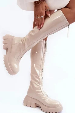 Lakierowane Kozaki Na Masywnej Platformie Z Suwakiem Beżowe Ringo