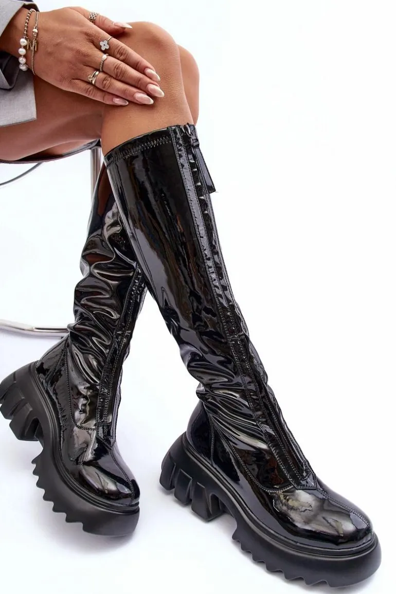 Lakierowane Kozaki Na Masywnej Platformie Z Suwakiem Czarne Ringo