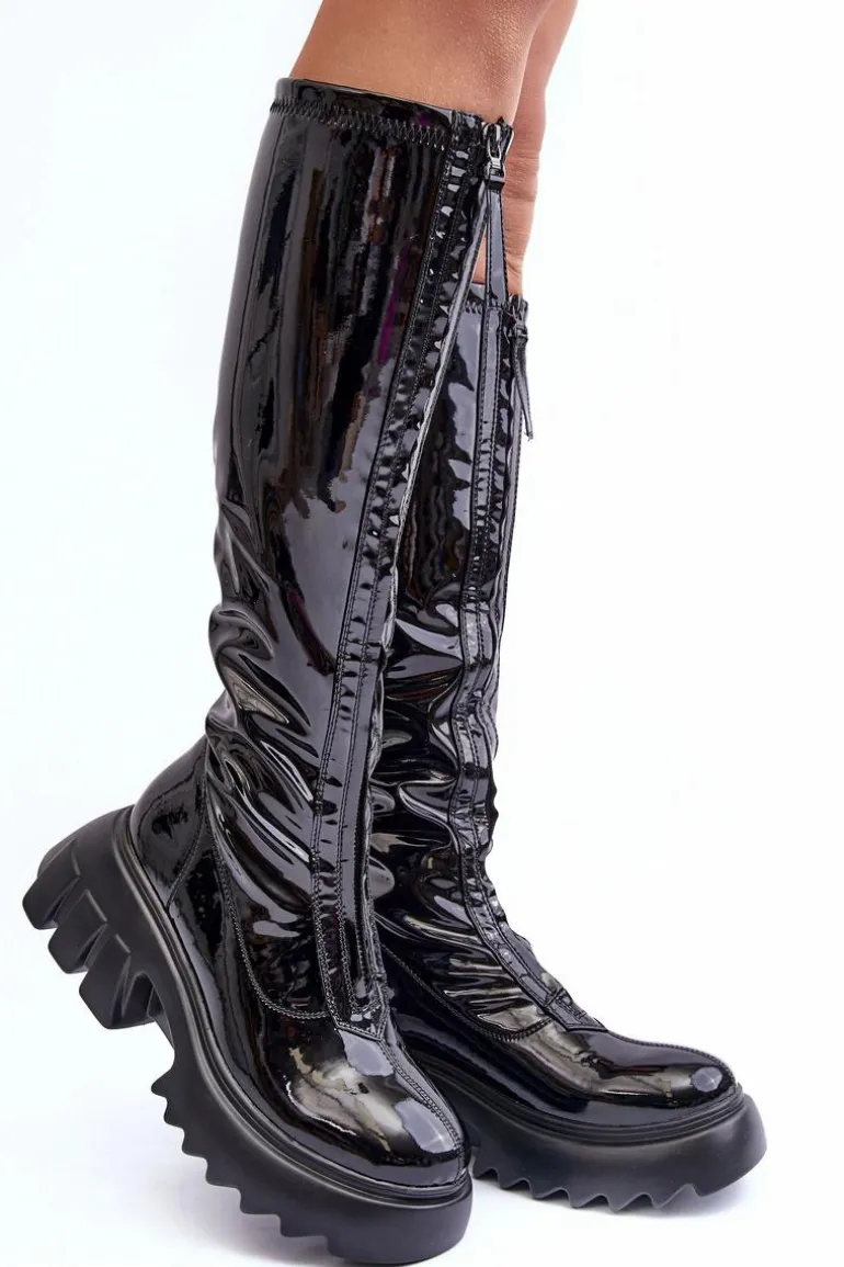 Lakierowane Kozaki Na Masywnej Platformie Z Suwakiem Czarne Ringo