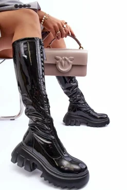 Lakierowane Kozaki Na Masywnej Platformie Z Suwakiem Czarne Ringo