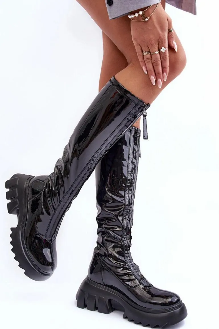 Lakierowane Kozaki Na Masywnej Platformie Z Suwakiem Czarne Ringo