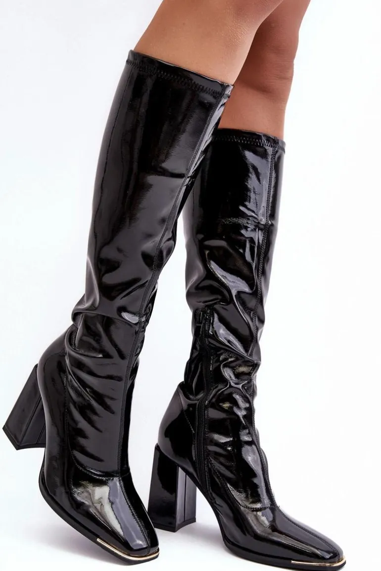 Lakierowane Kozaki Na Słupku Przed Kolano Czarne Mlokva