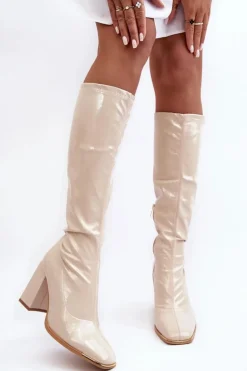 Lakierowane Kozaki Na Słupku Przed Kolano Beżowe Mlokva