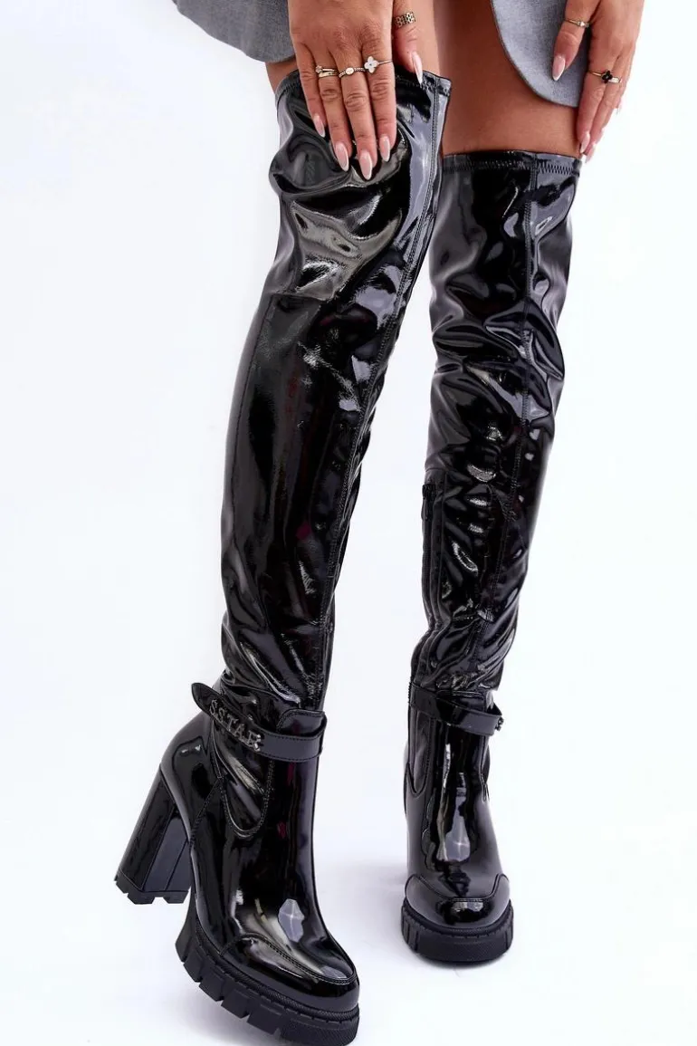 Lakierowane Kozaki Za Kolano Na Masywnym Słupku Czarne Kytia