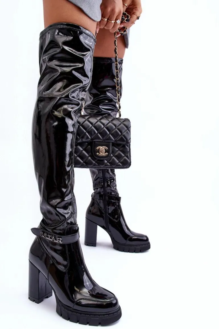 Lakierowane Kozaki Za Kolano Na Masywnym Słupku Czarne Kytia