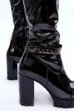 Lakierowane Kozaki Za Kolano Na Masywnym Słupku Czarne Kytia