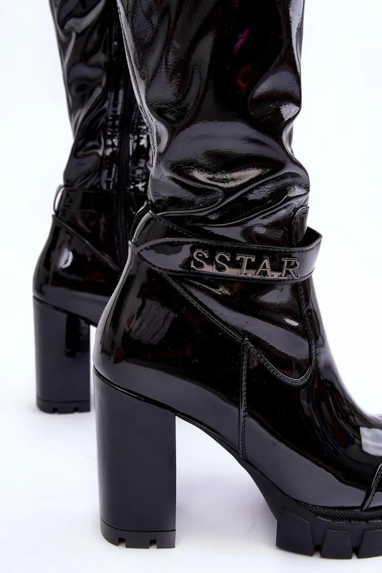 Lakierowane Kozaki Za Kolano Na Masywnym Słupku Czarne Kytia