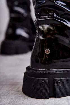 Lakierowane Kozaki Za Kolano Na Płaskim Obcasie GOE KK2N4023 Czarne