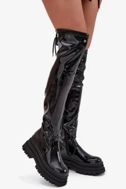 Lakierowane Kozaki Za Kolano Na Masywnej Platformie Czarne Ravela