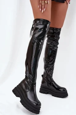 Lakierowane Kozaki Za Kolano Na Masywnej Platformie Czarne Ravela