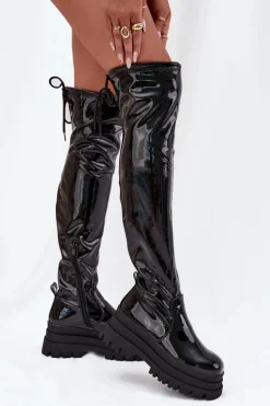 Lakierowane Kozaki Za Kolano Na Masywnej Platformie Czarne Ravela