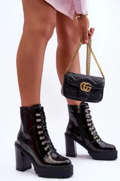 Lakierowane Masywne Botki Na Słupku Czarne Ikeshia