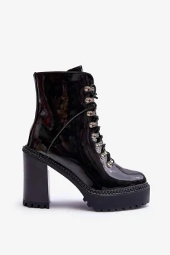 Lakierowane Masywne Botki Na Słupku Czarne Ikeshia