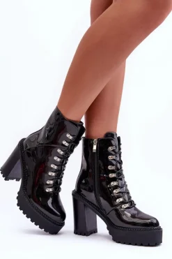 Lakierowane Masywne Botki Na Słupku Czarne Ikeshia