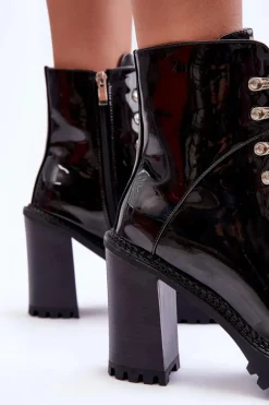 Lakierowane Masywne Botki Na Słupku Czarne Ikeshia