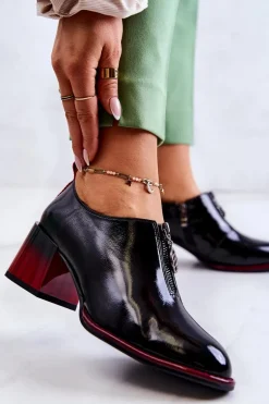 Lakierowane Modne Półbuty Na Słupku Czarno-Czerwone Lorena