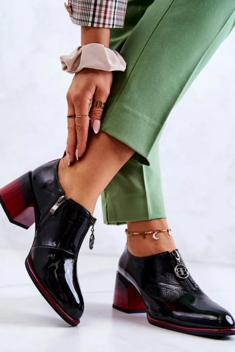 Lakierowane Modne Półbuty Na Słupku Czarno-Czerwone Lorena