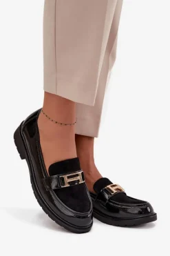 Lakierowane Mokasyny Damskie Ze Złotym Detalem S.Barski HY52-545 Czarne