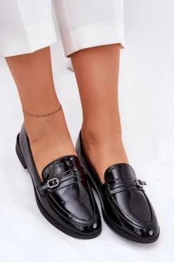 Lakierowane Mokasyny Damskie Z Ozdobną Sprzączką Czarne Mollan