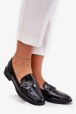 Lakierowane Mokasyny Damskie Z Ozdobną Sprzączką Czarne Mollan
