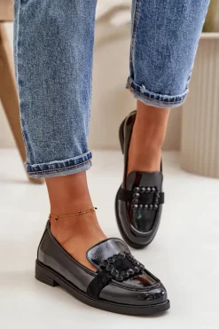 Lakierowane Mokasyny Damskie Z Ozdobą Czarne Vinceza 58389