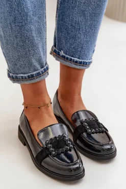 Lakierowane Mokasyny Damskie Z Ozdobą Czarne Vinceza 58389