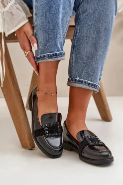 Lakierowane Mokasyny Damskie Z Ozdobą Czarne Vinceza 58389