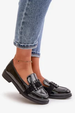 Lakierowane Mokasyny Damskie Z Ozdobą Czarne Vinceza 58389