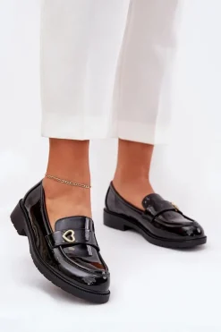 Lakierowane Mokasyny Damskie Z Serduszkiem S.Barski HY51-379 Czarne