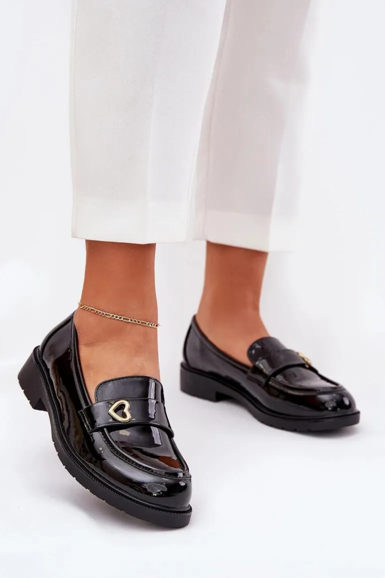 Lakierowane Mokasyny Damskie Z Serduszkiem S.Barski HY51-379 Czarne