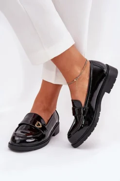 Lakierowane Mokasyny Damskie Z Serduszkiem S.Barski HY51-379 Czarne