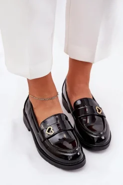 Lakierowane Mokasyny Damskie Z Serduszkiem S.Barski HY51-379 Czarne