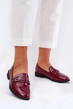 Lakierowane Mokasyny Damskie Z Ozdobną Sprzączką Bordowe Mollan