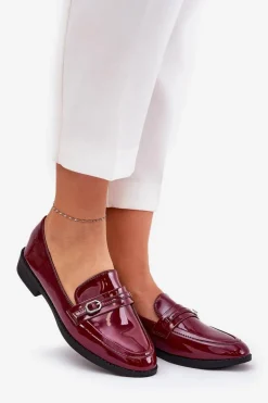 Lakierowane Mokasyny Damskie Z Ozdobną Sprzączką Bordowe Mollan
