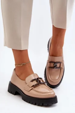 Lakierowane Mokasyny Damskie Beżowe Santtes