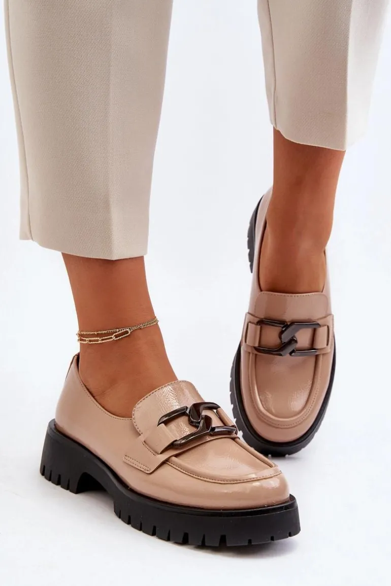 Lakierowane Mokasyny Damskie Beżowe Santtes