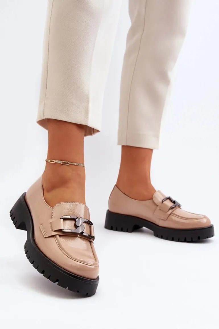 Lakierowane Mokasyny Damskie Beżowe Santtes