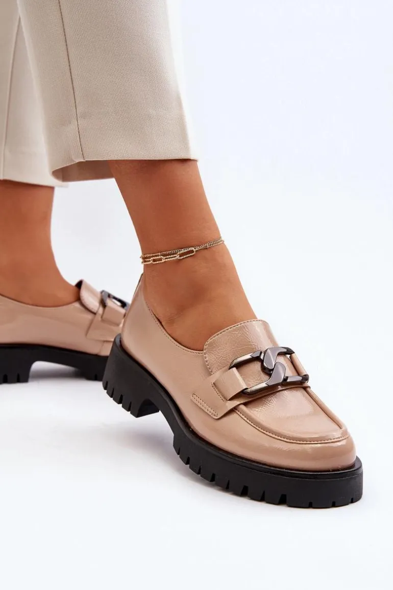 Lakierowane Mokasyny Damskie Beżowe Santtes