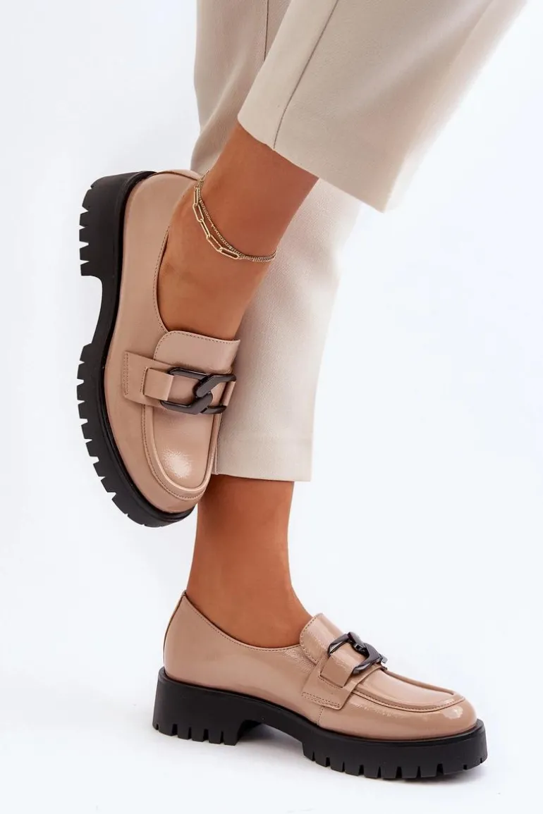 Lakierowane Mokasyny Damskie Beżowe Santtes