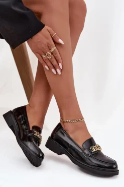 Lakierowane Mokasyny Damskie Ze Złotą Ozdobą S.Barski HY52-539 Czarne