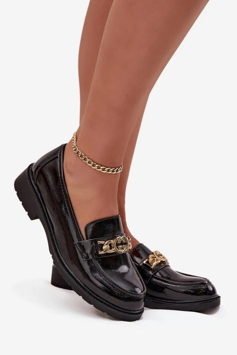 Lakierowane Mokasyny Damskie Ze Złotą Ozdobą S.Barski HY52-539 Czarne