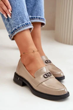 Lakierowane Mokasyny Damskie Ze Skóry Naturalnej Khaki Vinceza 58409