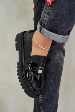 Lakierowane Mokasyny Damskie Z Przypinką Miś Czarne Wulinea