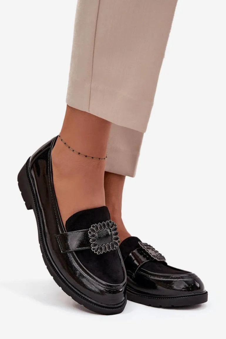 Lakierowane Mokasyny Damskie Z Ozdobną Klamrą S.Barski HY52-546 Czarne