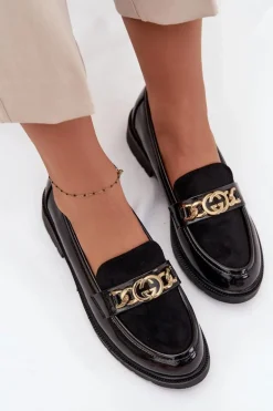 Lakierowane Mokasyny Damskie Ze Złotą Ozdobą S.Barski HY52-540 Czarne