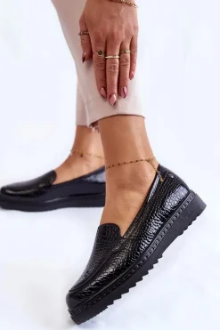 Lakierowane Mokasyny Krokodyli Wzór Na Platformie Czarne Diane